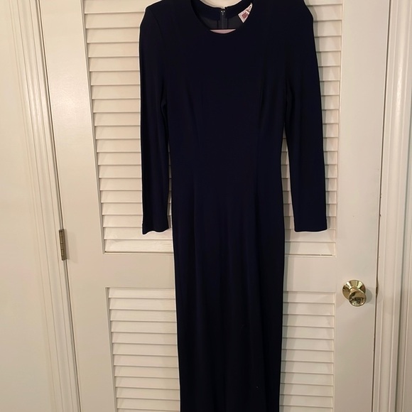 Vintage Maggy London Very Fitted Front Slit Navy Blue Classic Elegant Dress - Picture 1 of 9